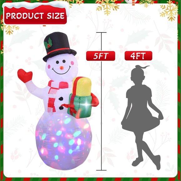5FT Inflatable Snowman with Rotating LED Lights for Christmas Yard Decor - Picture 2 of 6